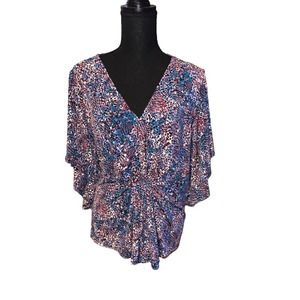 DKNY Gathered Front Slimming Leopard Print Bat Wing Blouse - Purple - XL